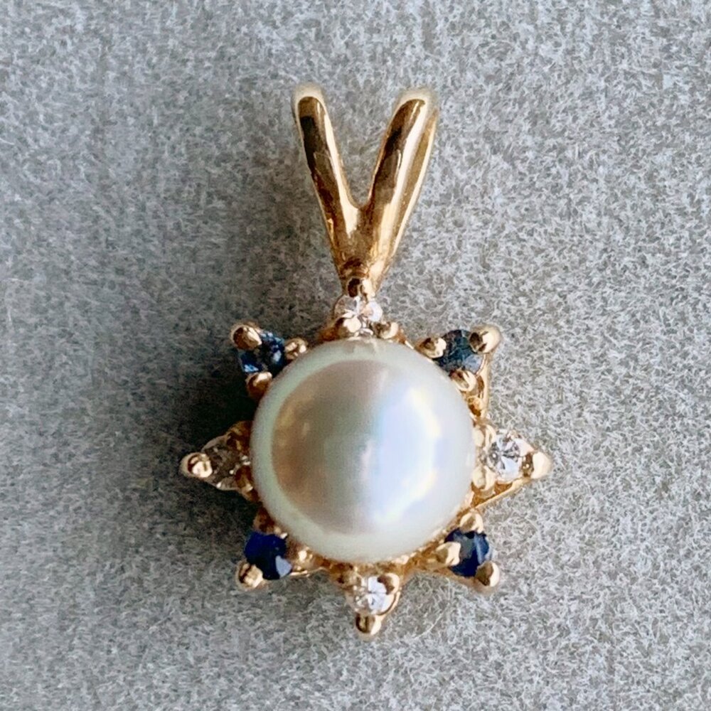 14K Yellow Gold Pearl Star Pendant w/ Diamond & Sapphire Accents
